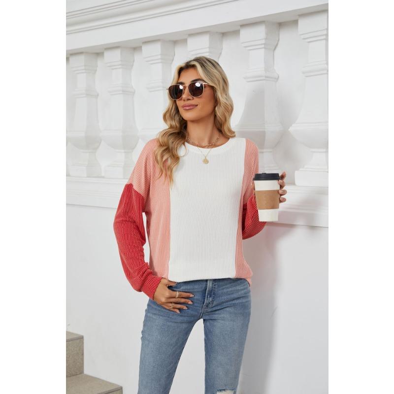 Осенняя женская блузка с круглым вырезом, свободный пуловер с длинным рукавом