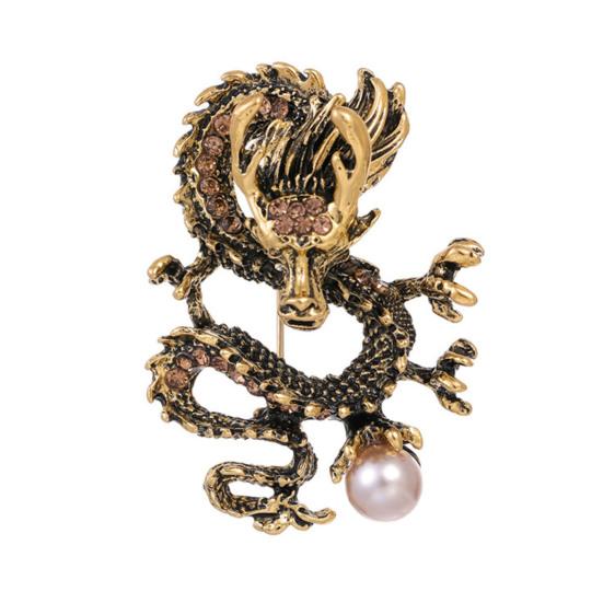 Chinese Style Brooch Men Enamel Dragon Shape Faux Pearl Pin Clothing Coat Badge Jewelry Party Accessories