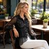 Long Sleeve Shirt Imitation Denim Tops for Women, Lapel Shirt, Faux Breathable Tee Patchwork Mesh Hem Blouse, Slim Fit Casual Work Party Date