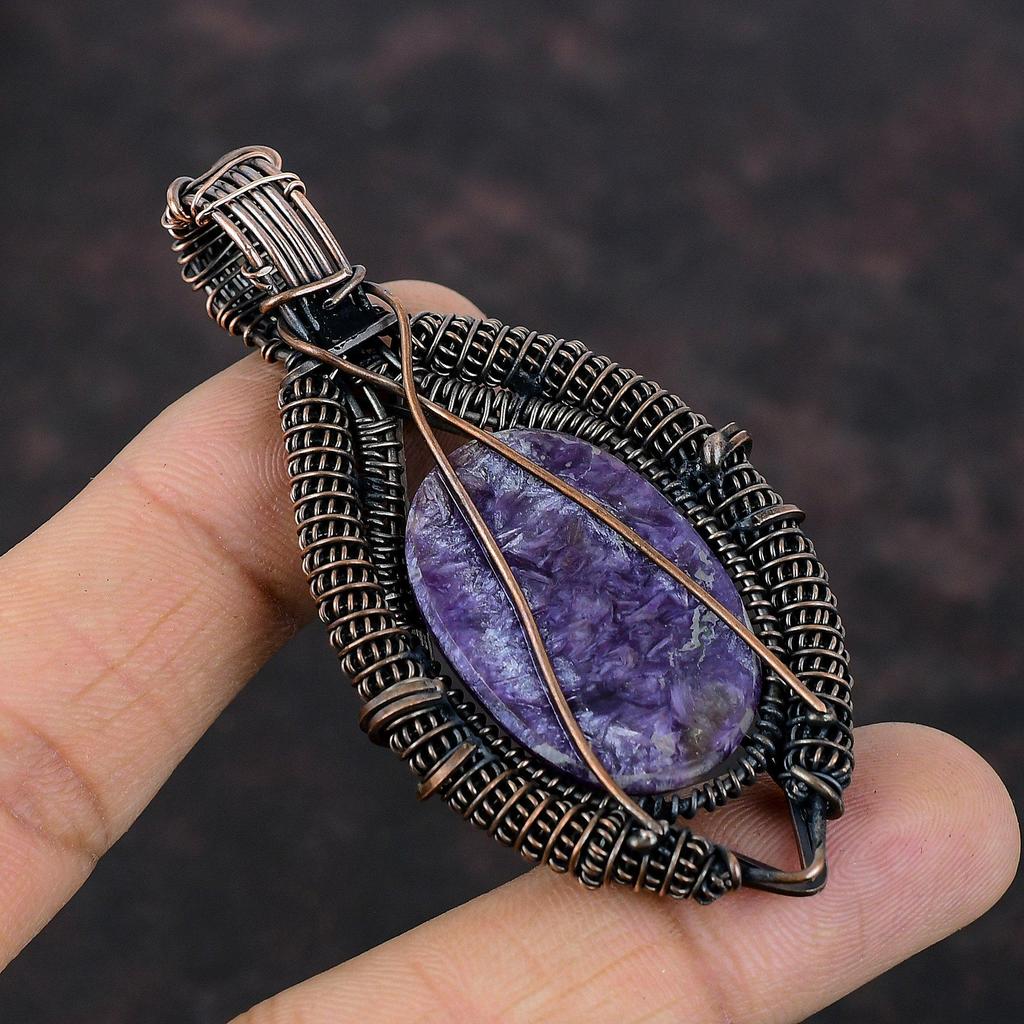 Подвеска из чароита, медная проволочная обертка, ручная работа, проволочная обертка, подвеска из радужного лунного камня, подвеска из драгоценного камня, медные украшения для подарка