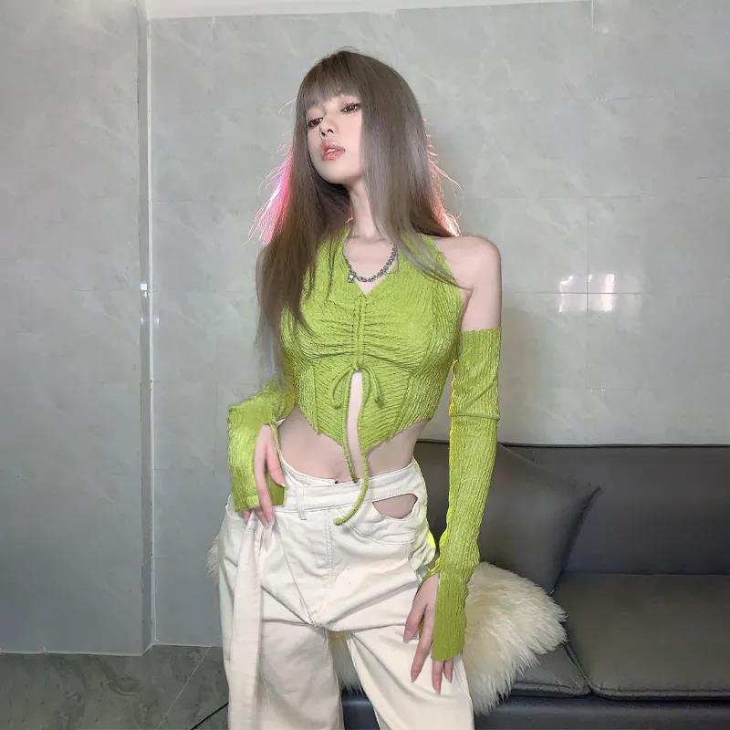 Женский топ Y2K на шнуровке с лямкой на бретельках + разделенные рукава, сексуальные укороченные топы до пупка, облегающие короткие шорты цвета авокадо, Egirl, весна и лето