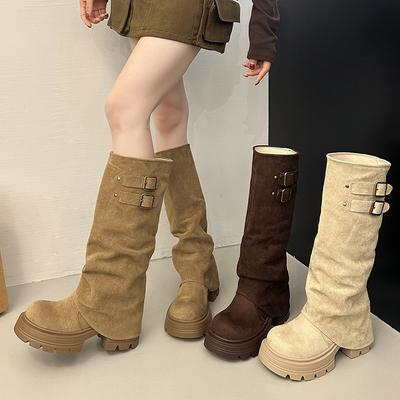Модная пряжка ремня Квадратный каблук Женские рыцарские высокие сапоги Уличный стиль Платье для вечеринки Длинные ботильоны Осенне-зимняя женская обувь