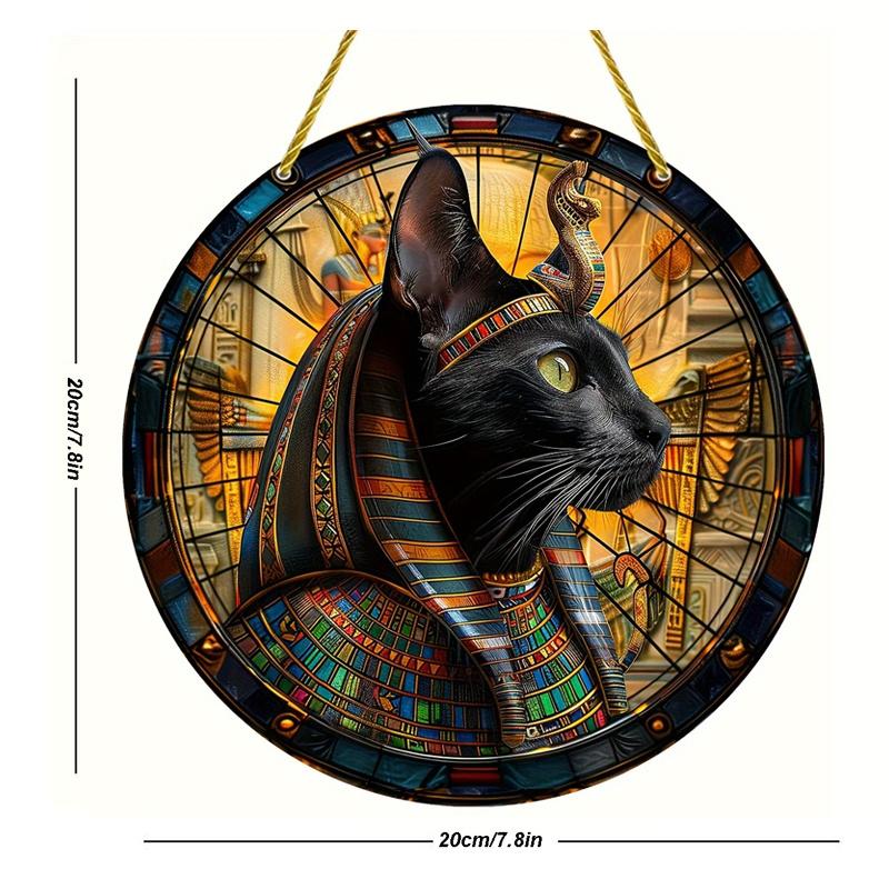 Wood Egyptian Black Cat Sun Catcher, Round Wooden Decorative Sign, Room, Home Decor, Animal Theme Multipurpose Plaque for Door, Wall, Home, Room