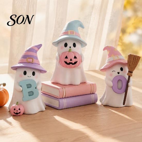Cool Halloween Decor 3Pcs Pink Ghost Figurines, Cute Spooky Resin Desk with Pumpkin Decorative Statues BOO Letter, Sweet Tabletop Ornament for