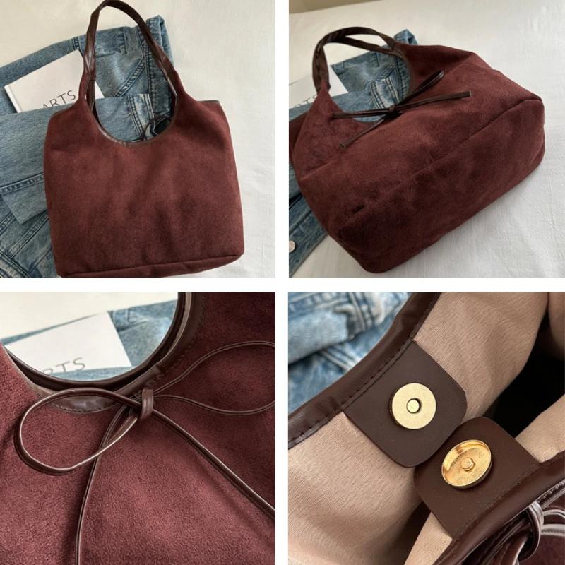 Fashion Bow Design Shoulder Bags for Women Vintage Faux Suede Ladies Commuter Underarm Tote Bag Female Large Capacity Handbags