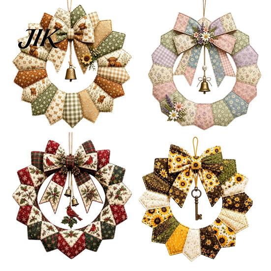 Complete DIY Crafting Materials Patchwork Garland Kit, Retro Floral Fabric Set with Bells And Simulated Flowers, Pastoral Style Wall Hanging Ornament