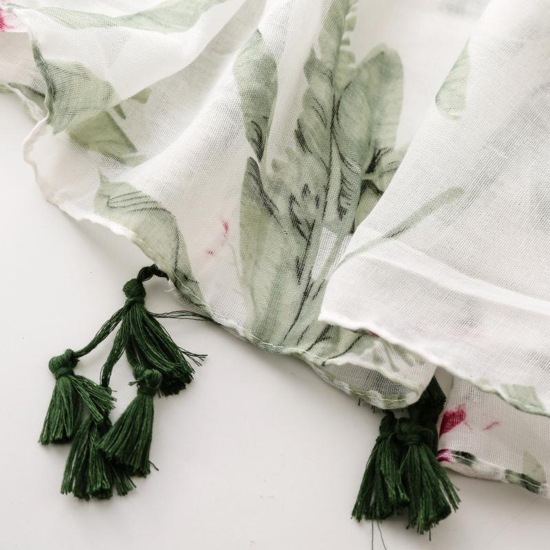 Женский шарф, шелковый шарф, весна-лето, небольшой, свежий, зеленый, тропическое растение, балийская пряжа, шаль с бахромой