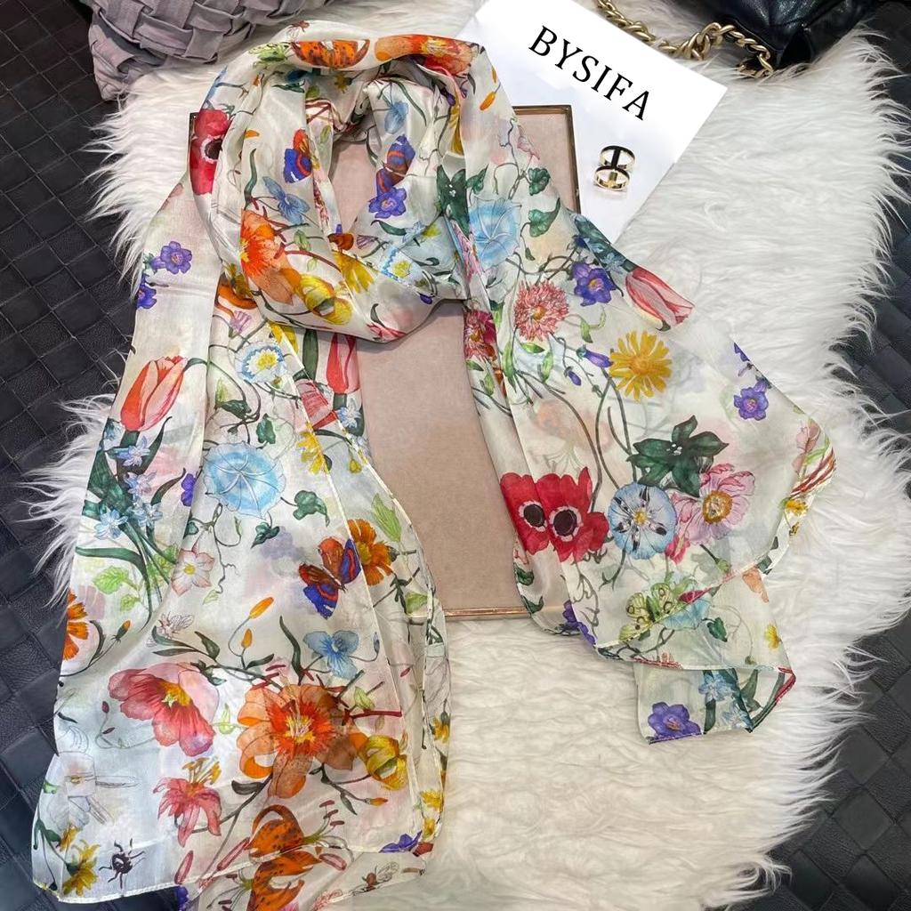Белый 100% Шелковый Шарф Женские Шарфы Bufandas Летние Пляжные Шали Foulard Осень Зима Цветочный Дизайн Длинные Шарфы на Шею Хиджабы