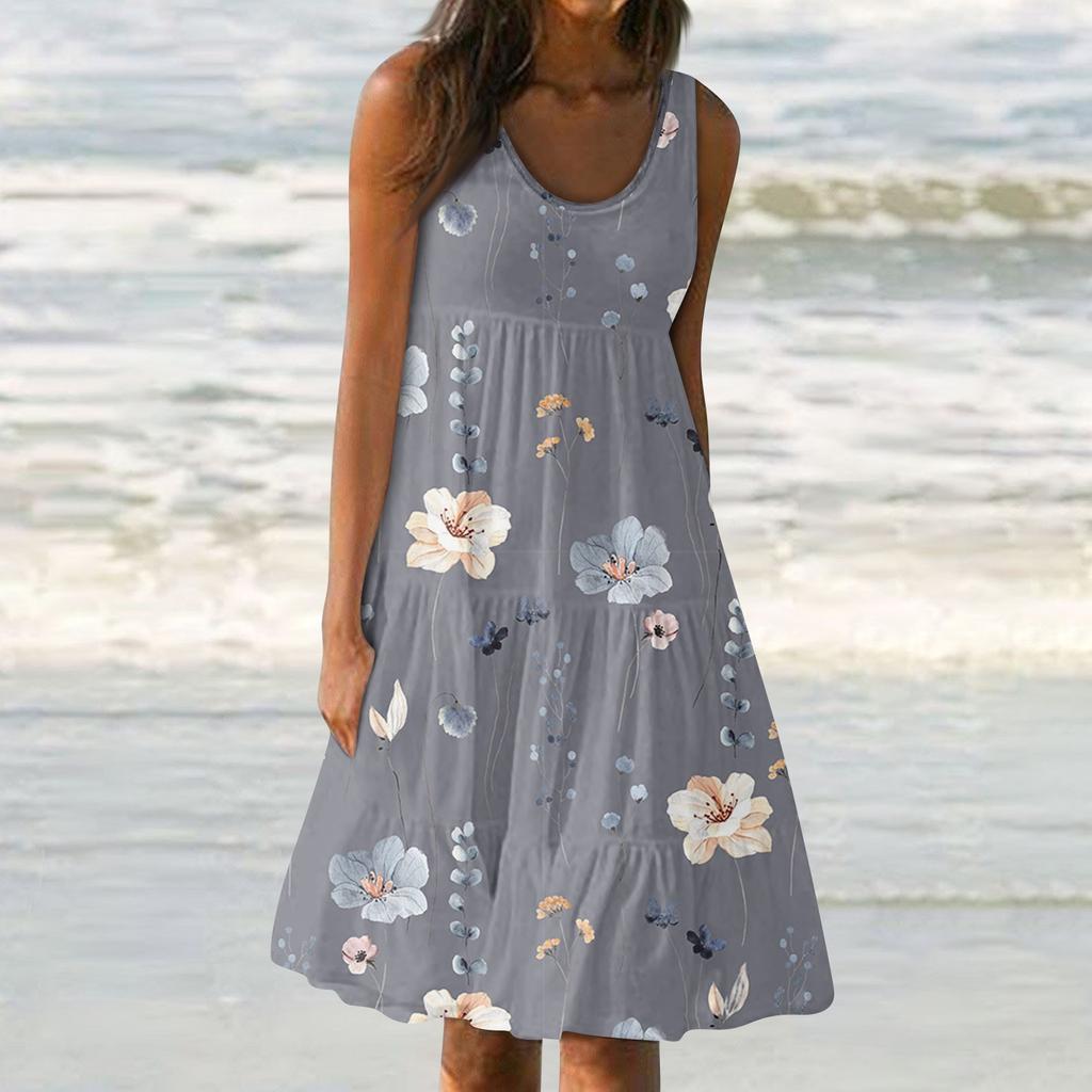 Женские платья-жилеты Лето-весна Плиссированные богемные платья Симпатичные струящиеся пляжные платья без рукавов Прямая футболка Платья-майки Платья с круглым вырезом