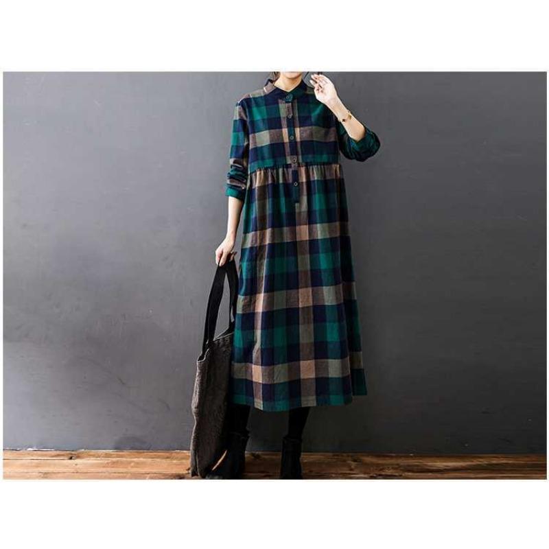 Women's Loose Spliced Cotton Linen Long Sleeved Dress