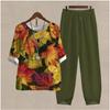 GMXIA Spring Women's Five-quarter Sleeve Printed Top and Pants Two-piece Set