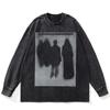Футболка Streetwear Shadows Graphic Washed Black, хлопковая, унисекс, большие размеры, длинные рукава, футболка