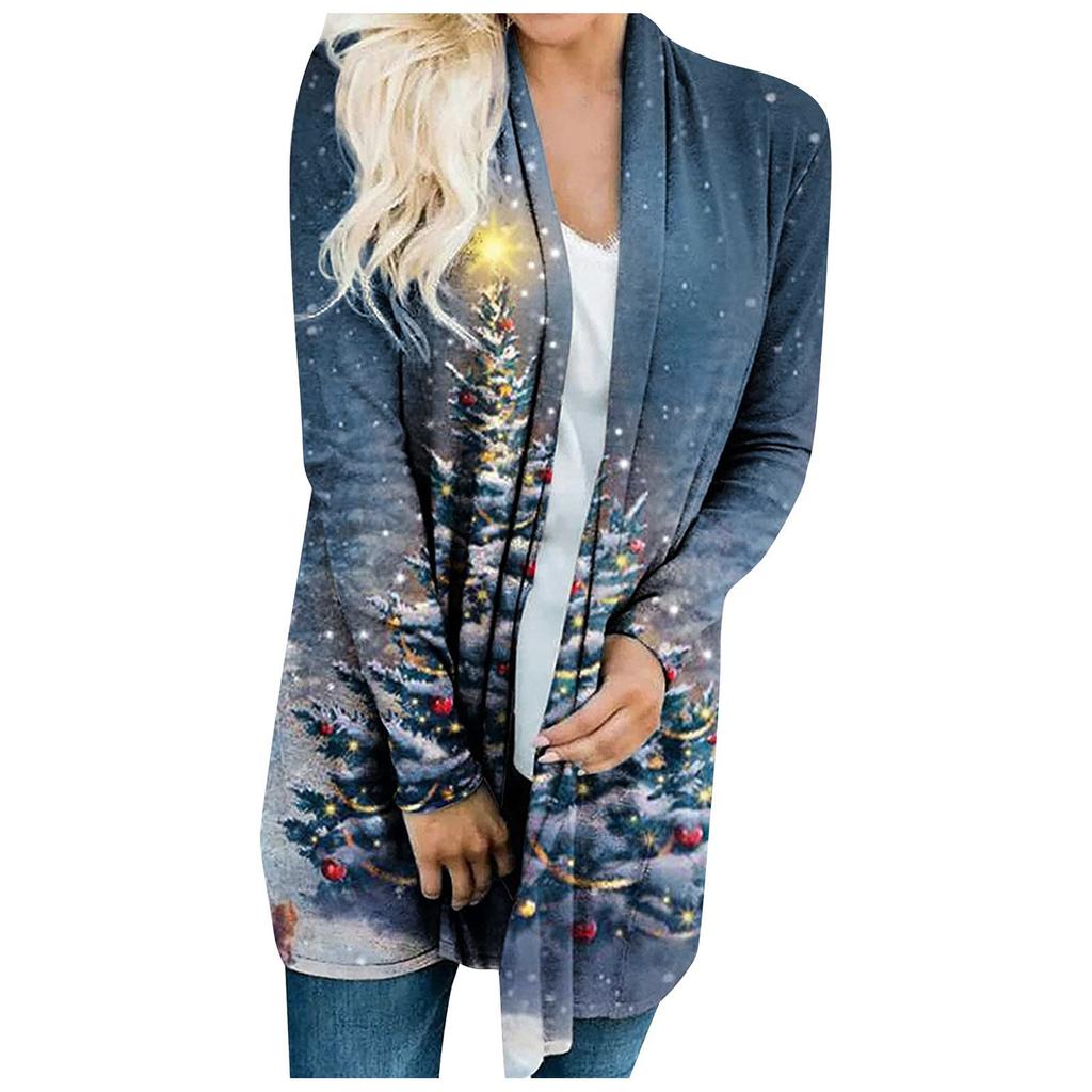 Женский рождественский кардиган с длинными рукавами и принтом, легкая куртка