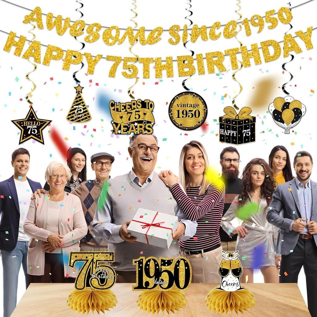 11Pcs 75th Birthday Decorations Kit for Men Women, Black Gold Happy 75th Birthday Banner, Awesome Since 1950 Centerpieces Swirls Party Supplies, 75