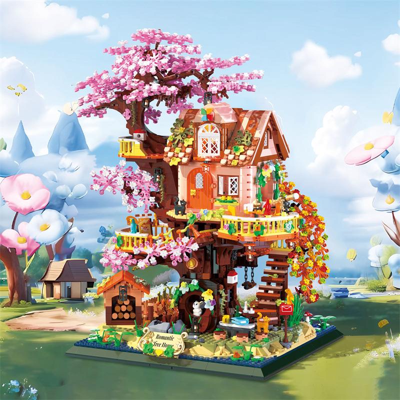 Non-Toxic 2In1 Tree House Building Block City Street View Miniature Assembled Home Decor Brick Children'S Toys For Kids Christmas Gifts