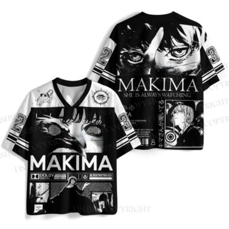 Chainsaw Makima Black White Manga 3D Print Jersey Y2K V Neck Short Sleeve T-shirt Women Dark Anime Streetwear Sport Top