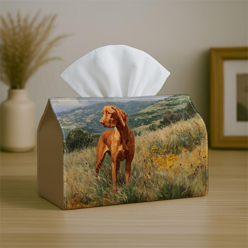1pc Romantic Natural Tissue Box with Dog Landscape Meadow Painted-Fabric Napkin Storage Organizer for Kitchen,Car,Elegant Decorative Box,Purpose for L