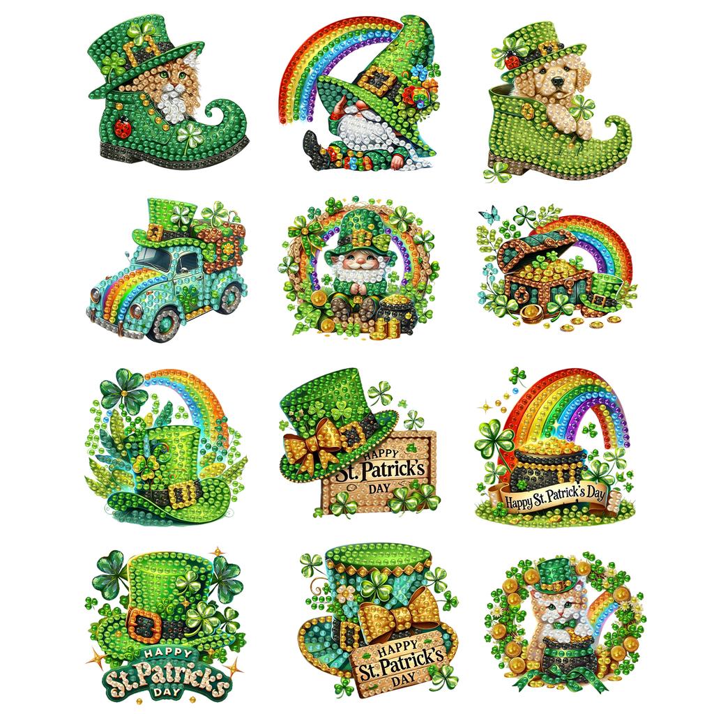 12Pcs St Patricks Day DIY Diamond Painting Magnets Kits Diamond Art Stickers Refrigerator Painting Kits for Beginners Home Decor