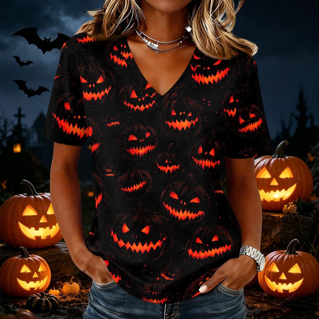 Womens Casual Short Sleeve Pullover Top V Neck Halloween Pumpkin Print Shirt Lightweight Comfortable Fit