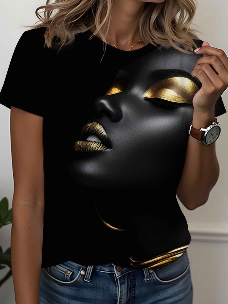 Vintage African Woman 3D Print T-Shirt for Women Retro Art Graphic Tee Casual Crew Neck Short Sleeve Summer Top Plus Size Tees