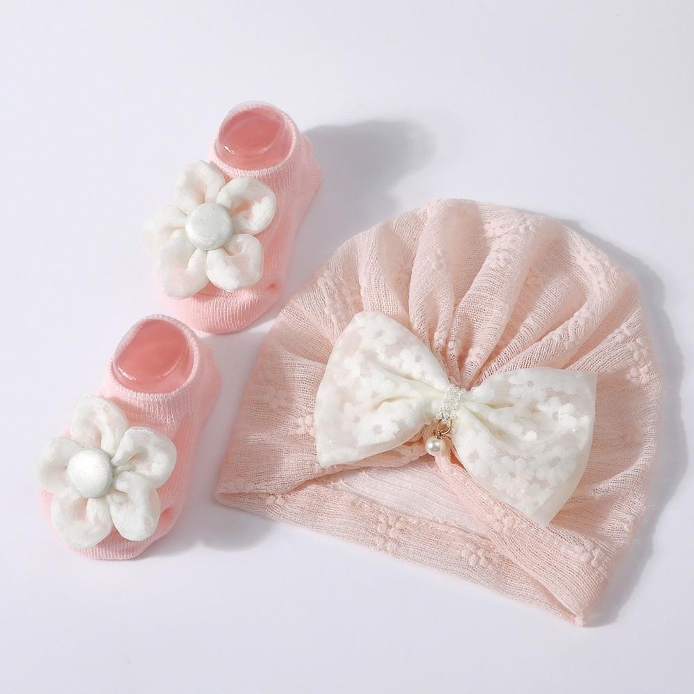 Lace Bowknot Baby Hat Socks Set Anti-Slip Sole Baby Girl Headwrap Set For Newborn