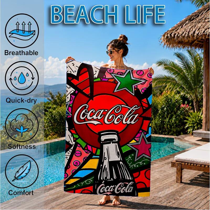 Пляжное полотенце Coca-cola с художественным дизайном, Быстросохнущее, Легкое в уходе, Подходит как для занятий фитнесом, так и для пляжного отдыха, Спортивный незаменимый аксессуар