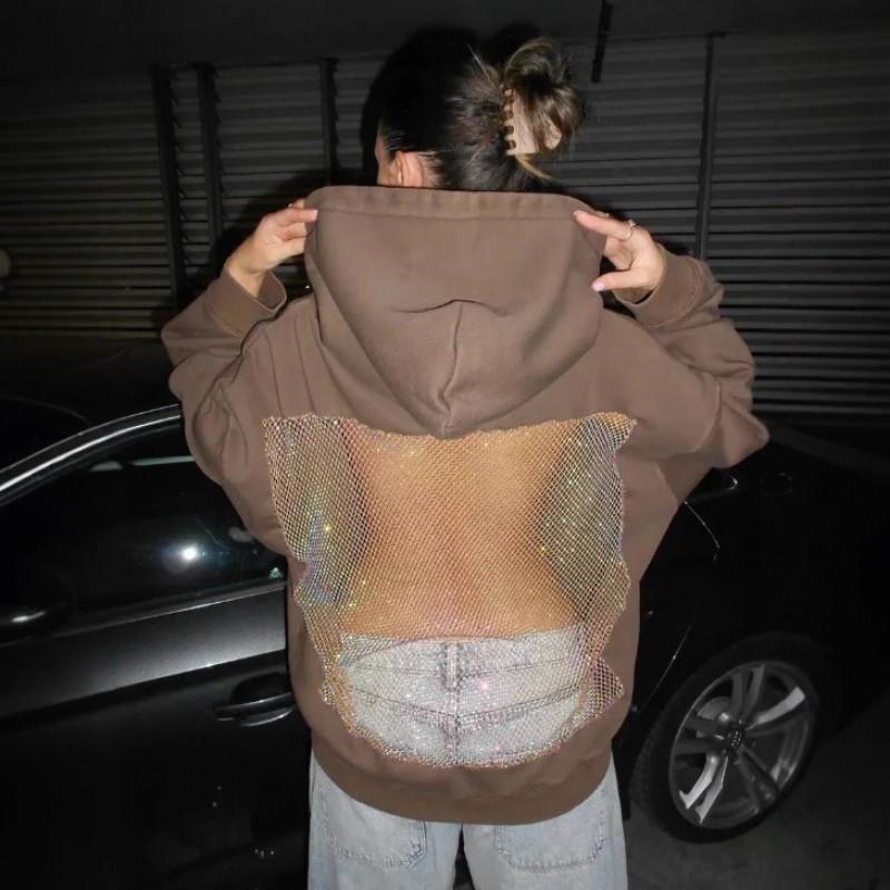Womens Winter Loose Hooded Sweatshirt With Back Cutout Mesh Detail Solid Color Streetwear