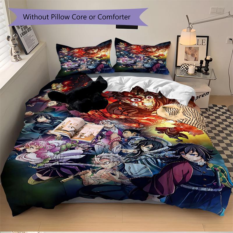 3pcs Cartoon Demon Slayer Quilt Set - Soft and Comfortable Bedroom, Guest Room and Dorm Decor Bedding Set 1 Quilt Cover + 2 Pillowcases.L008