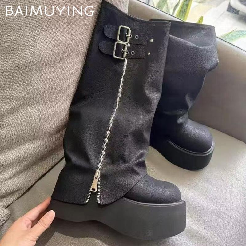 Женские высокие сапоги на платформе из кожи, модные туфли на высоком каблуке 2025 года, дизайнерские туфли на молнии до колена в готическом стиле, зимние мотоциклетные ботинки Mujer