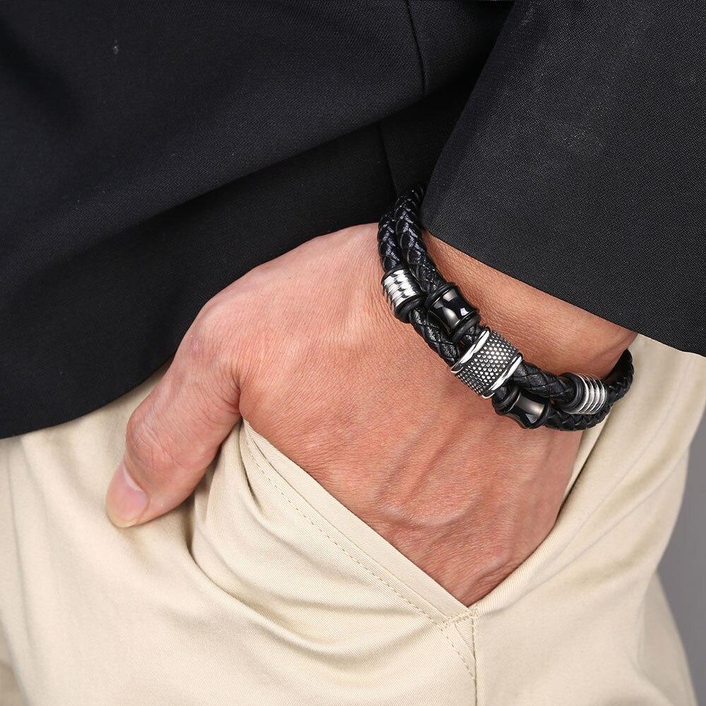 Classic Punk Stainless Steel Metal Clasp Bangles Men Jewelry Two Layers Black Genuine Leather Bracelet