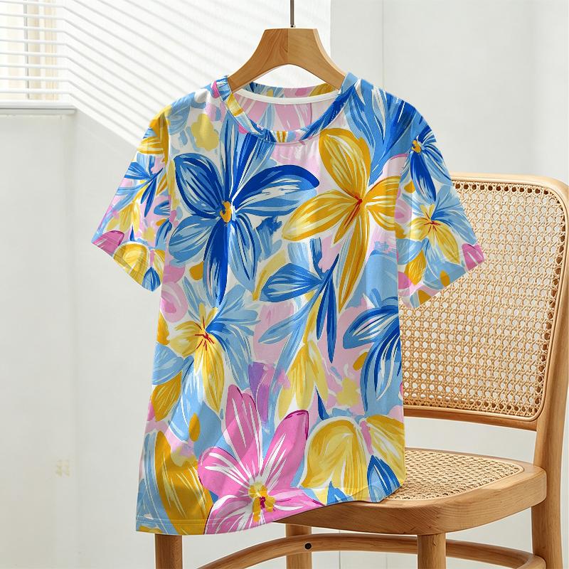 Women's Summer Short Sleeve Top Light Elegant Floral Tee, Soft Skin-friendly Fabric, Versatile for Commute, City Walks & Daily Casual Wear