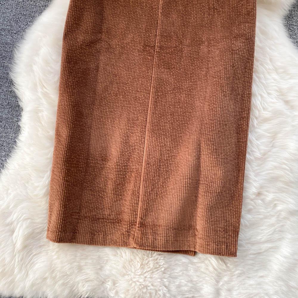 Юбка в стиле ретро с высокой талией и разрезом, свитер: Стиль Гонконг и Корея, облегающий, средней/длинной длины, подходит для ранней осени и зимы