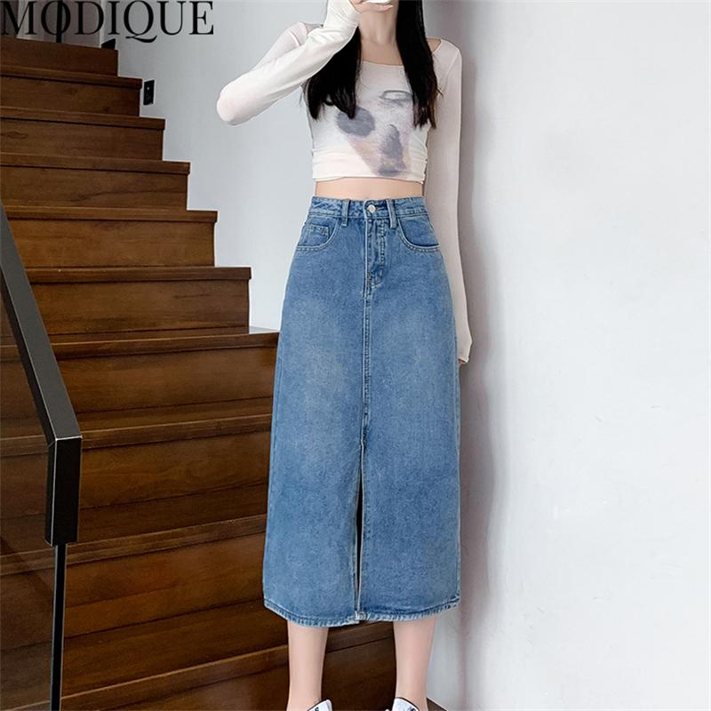 MODIQUE, осенняя новая женская повседневная винтажная джинсовая длинная юбка трапециевидной формы с высокой талией, женская свободная однотонная милая рваная синяя юбка, зимняя