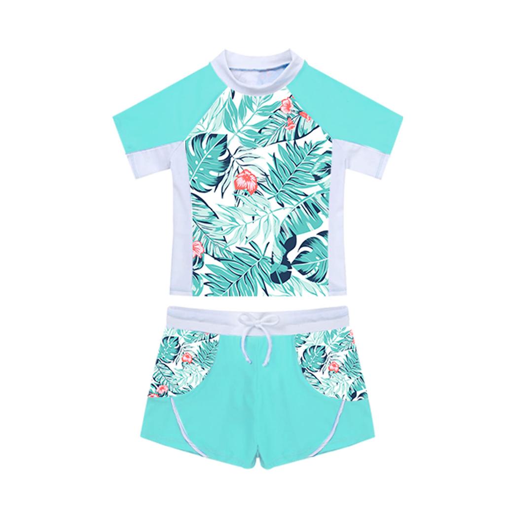 Girls 2 Piece Floral Print Swim Set Round Neck Short Sleeve Top Elastic Waist Boyshorts Beach Bathing Suit Swimsuit
