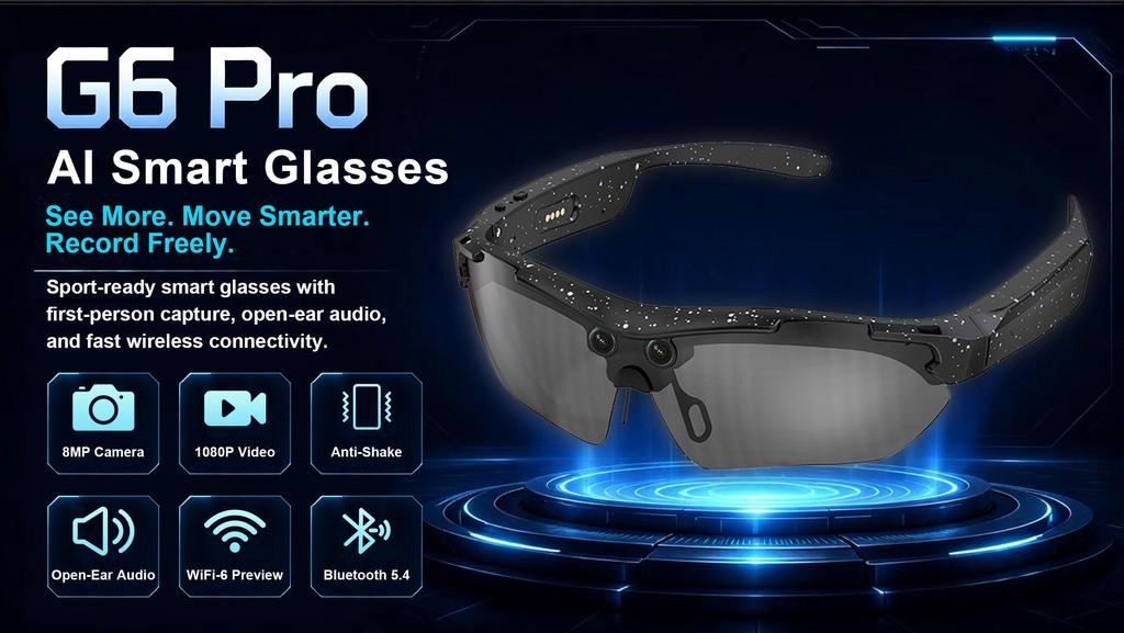 ERVPES AI Smart Glasses G6 Pro 1080P Camera Anti-Shake Bluetooth Call Translator 26 Languages