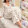 Women's Long Sleeve Pajama Set with Bowknot Detail - Can Be Worn Indoors or Outdoors