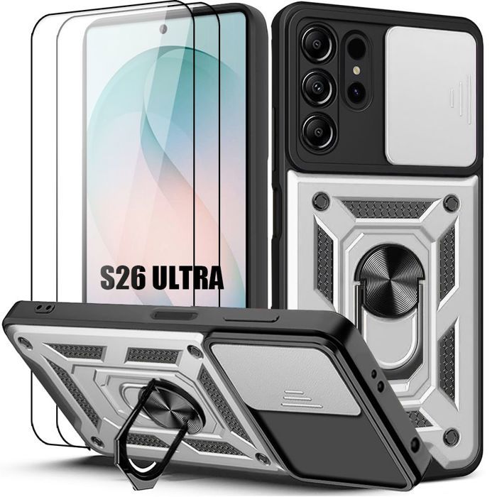 Coque pour Samsung Galaxy S26 Ultra, avec Anneau et Protection Caméra - Argenté - 2 Verres Trempés