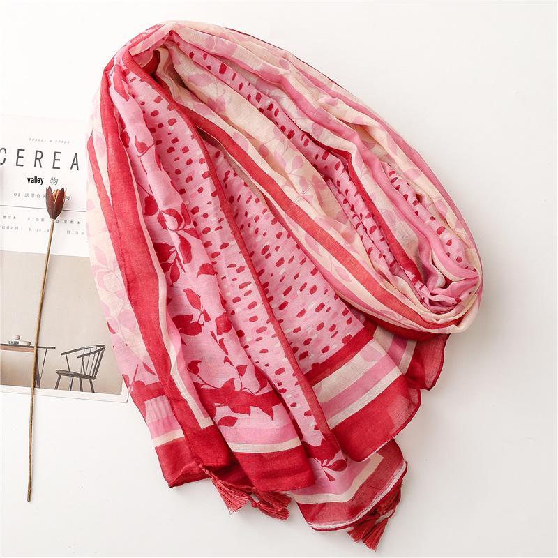 Fresh Cotton Linen Sun Protection Shawl: Red Flower Tassel Silk Scarf for Spring/Summer Travel