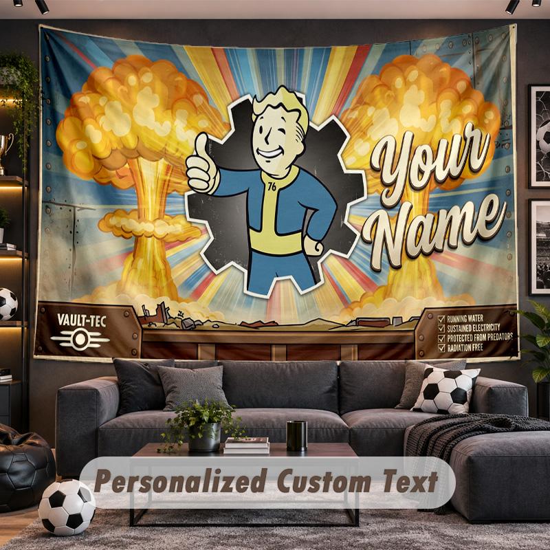 Fallout Vault Boy Personalized Tapestry Support Custom Name, Wall Art Home Decoration