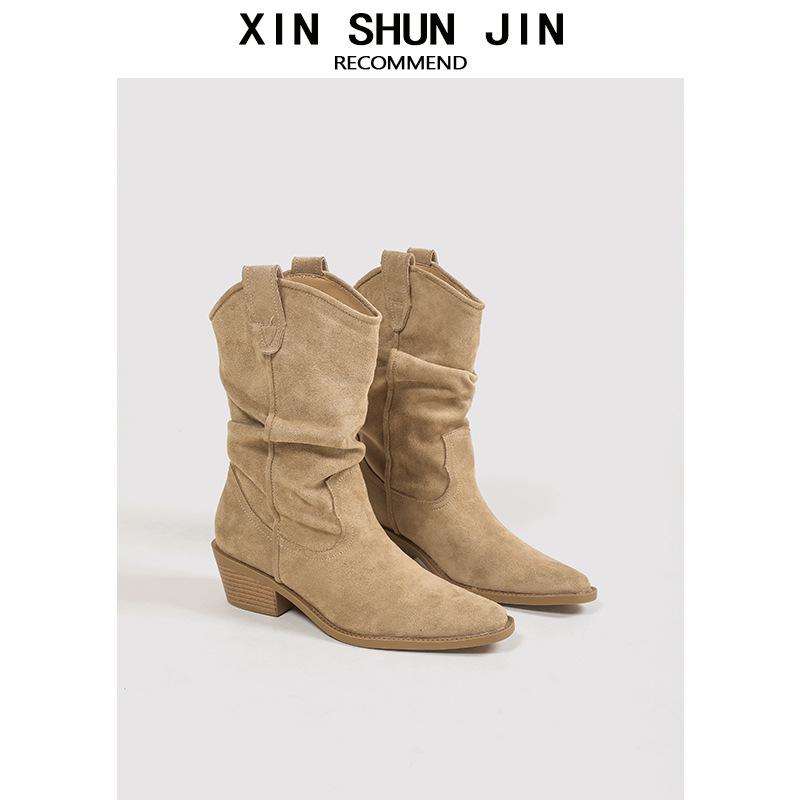 Остроносые тонкие короткие ботинки ботинки Мартин женские новые осенне-зимние ретро толстый каблук рыцарские ботинки плиссированные западные ботинки с подкладкой