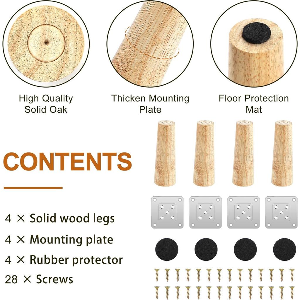 Pack of 4 Wooden Furniture Feet, Sofa Feet, 15 Cm Conical Replacement Table Legs, Furniture Legs with Mounting Plates & Screws for Sofa, Cabinet
