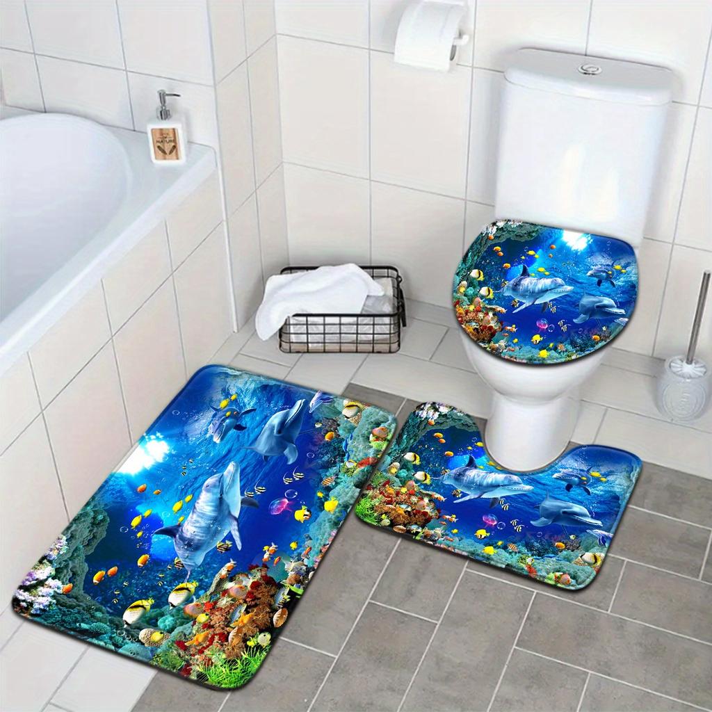 3pcs Underwater World Series Colorful Jellyfish Dolphin Pattern Bathroom Mat Set Toilet Seat Cover U-Shaped Foot Pad
