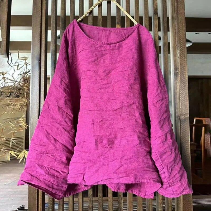 Johnature Women Vintage T-Shirts O-Neck Long Sleeve Solid Color Spring Tees Casual Loose Women Soft T-Shirts