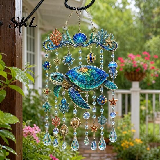 Crystal Bead Hanging Ornament Ocean Animal Acrylic Window Hanging, Stained Glass Style Sea Turtle Whale Dolphin Suncatcher Waterproof Wind Chime with