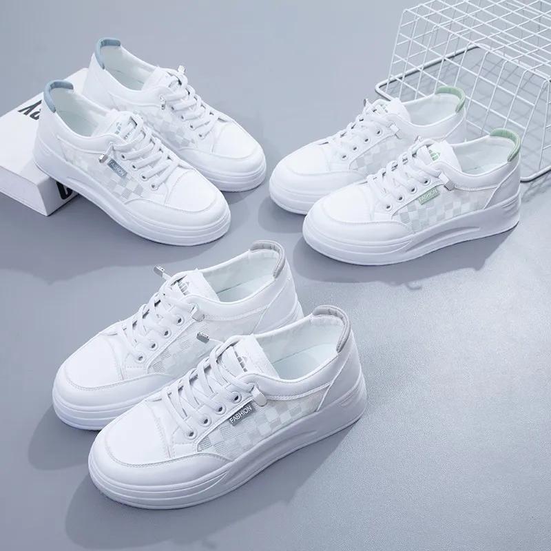 BKQU Женская обувь Летняя мода Повседневная белая кружевная дышащая сетчатая платформа плоские женские кроссовки