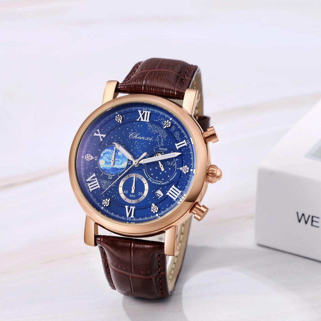 JewelryWe Men's Leather Belt Watch 3ATM Water Resistant Brown Roman Numerals Analog Luminous Calendar Quartz Fashion Gift