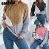 Autumn and Winter Casual Color-blocking Braided Long-sleeved Pullover Sweater for Women