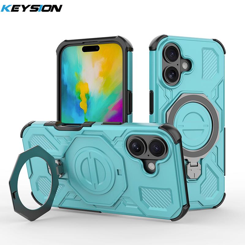KEYSION Противоударный магнитный чехол для iPhone 16 Pro Max с вертикальной металлической подставкой-кольцом для просмотра в реальном времени, чехол для телефона для iPhone 15 Pro Max