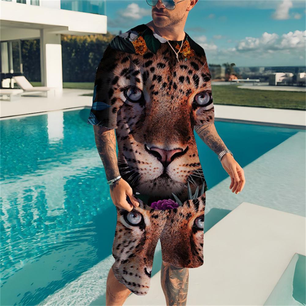 Летний мужской комплект спортивной одежды с леопардовым принтом, футболка + шорты Jungle's Secret Harajuku, верхняя модная повседневная одежда