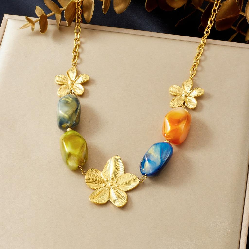 DIEYURO 316L Stainless Steel Golden Luxury Flower Colored Irregular Resin Acrylic Necklace Lady New Classic Neck Chain Jewelry